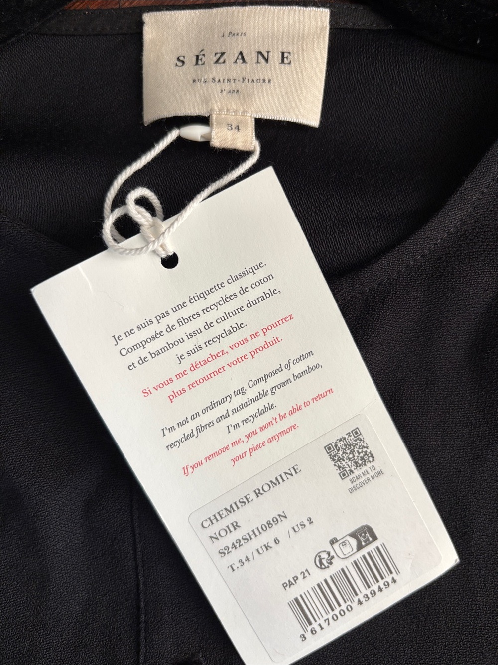 Sézane Chemise Romine Blouse Black Button Front Gold Buttons NWT FR 34 US 2 - Picture 8 of 9